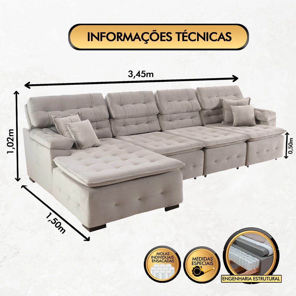Sofá Orlando 3,45x1,50m com Chaise, Retrátil e Reclinável - Avelã