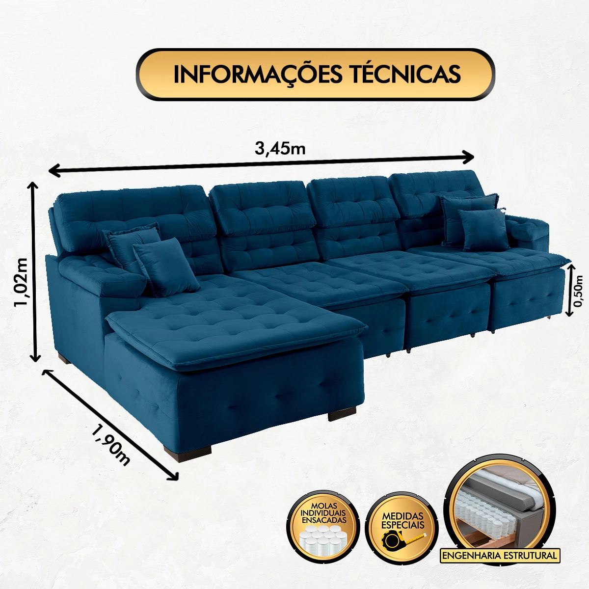 Sofá Orlando 3,45x1,90m com Chaise, Retrátil e Reclinável - Azul,
