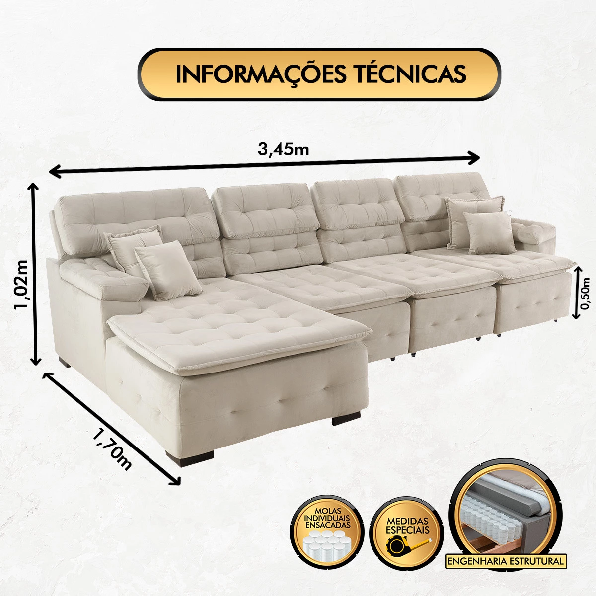 Sofá Orlando 3,30x2,10m com Chaise, Retrátil e Reclinável - Bege