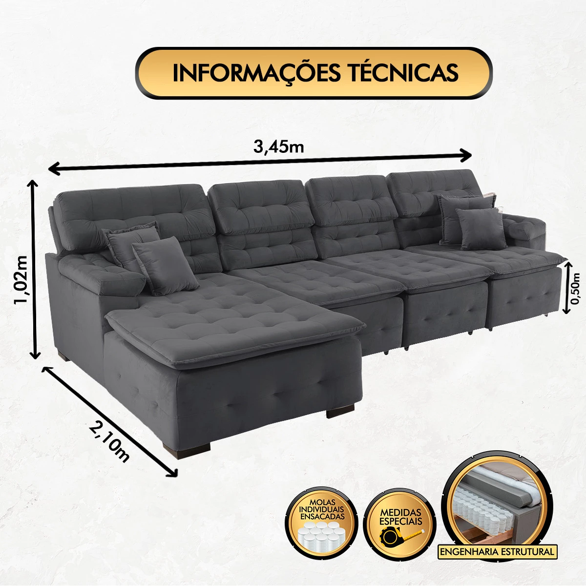 Sofá Orlando 3,45x2,10m com Chaise, Retrátil e Reclinável - Chumbo