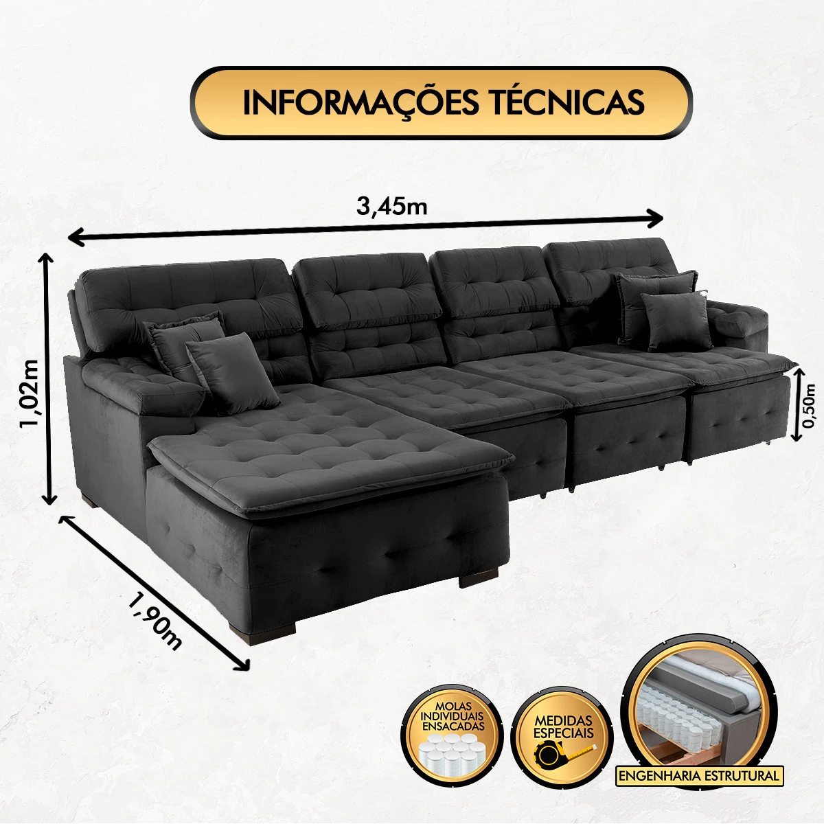 Sofá Orlando 3,45x1,90m com Chaise, Retrátil e Reclinável - Preto