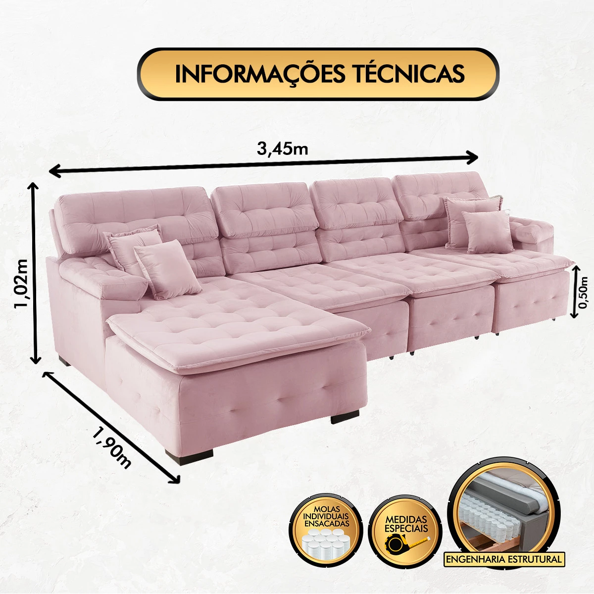 Sofá Orlando 3,45x1,90m com Chaise, Retrátil e Reclinável