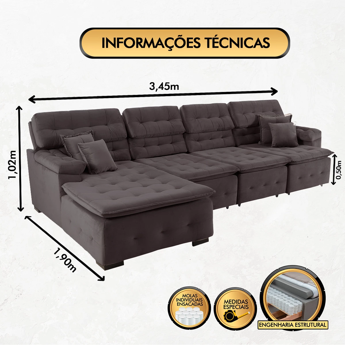 Sofá Orlando 3,45x1,90m com Chaise, Retrátil e Reclinável - Marrom