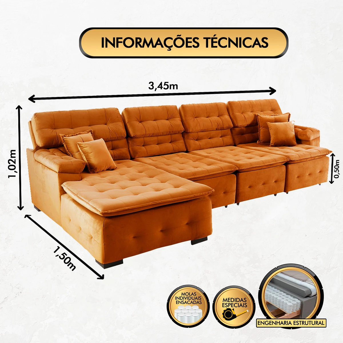 Sofá Orlando 3,45x1,50m com Chaise, Retrátil e Reclinável