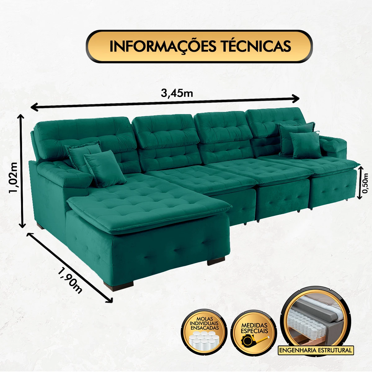 Sofá Orlando 3,45x1,90m com Chaise, Retrátil e Reclinável - Verde