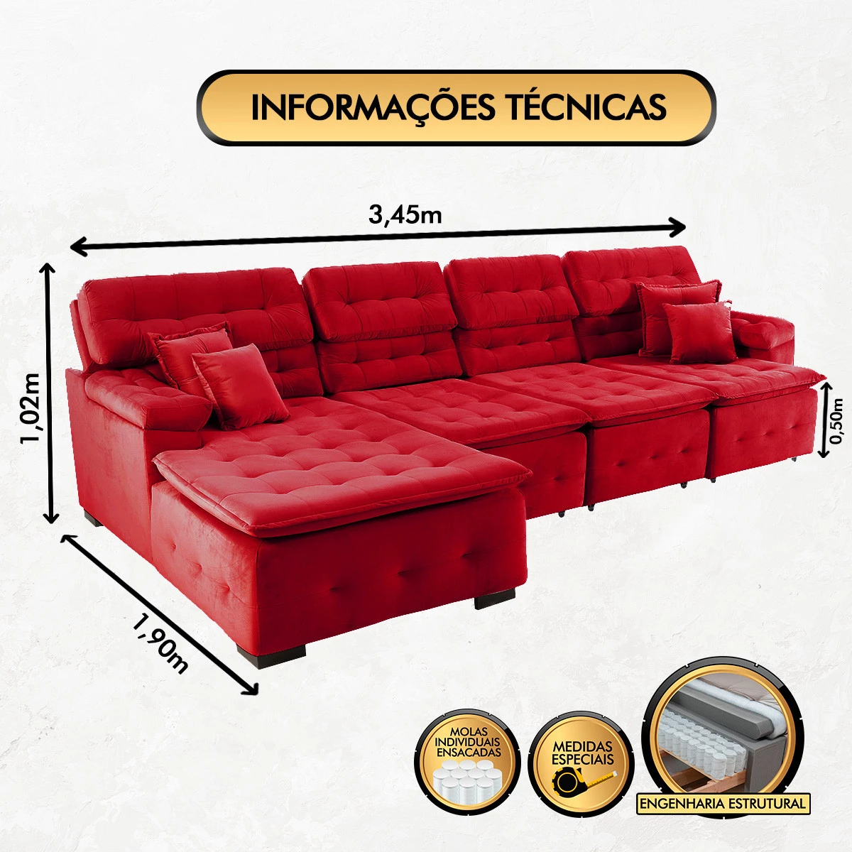 Sofá Orlando 3,45x1,90m com Chaise, Retrátil e Reclinável - Vermelho