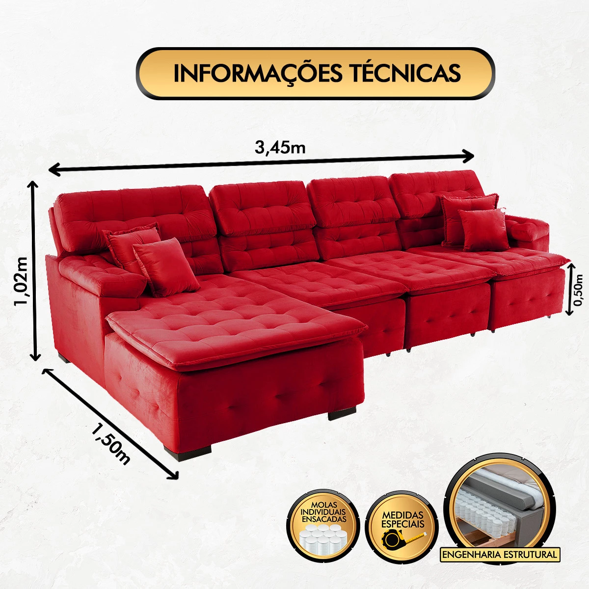 Sofá Orlando 3,45x1,50m com Chaise, Retrátil e Reclinável - Vermelho