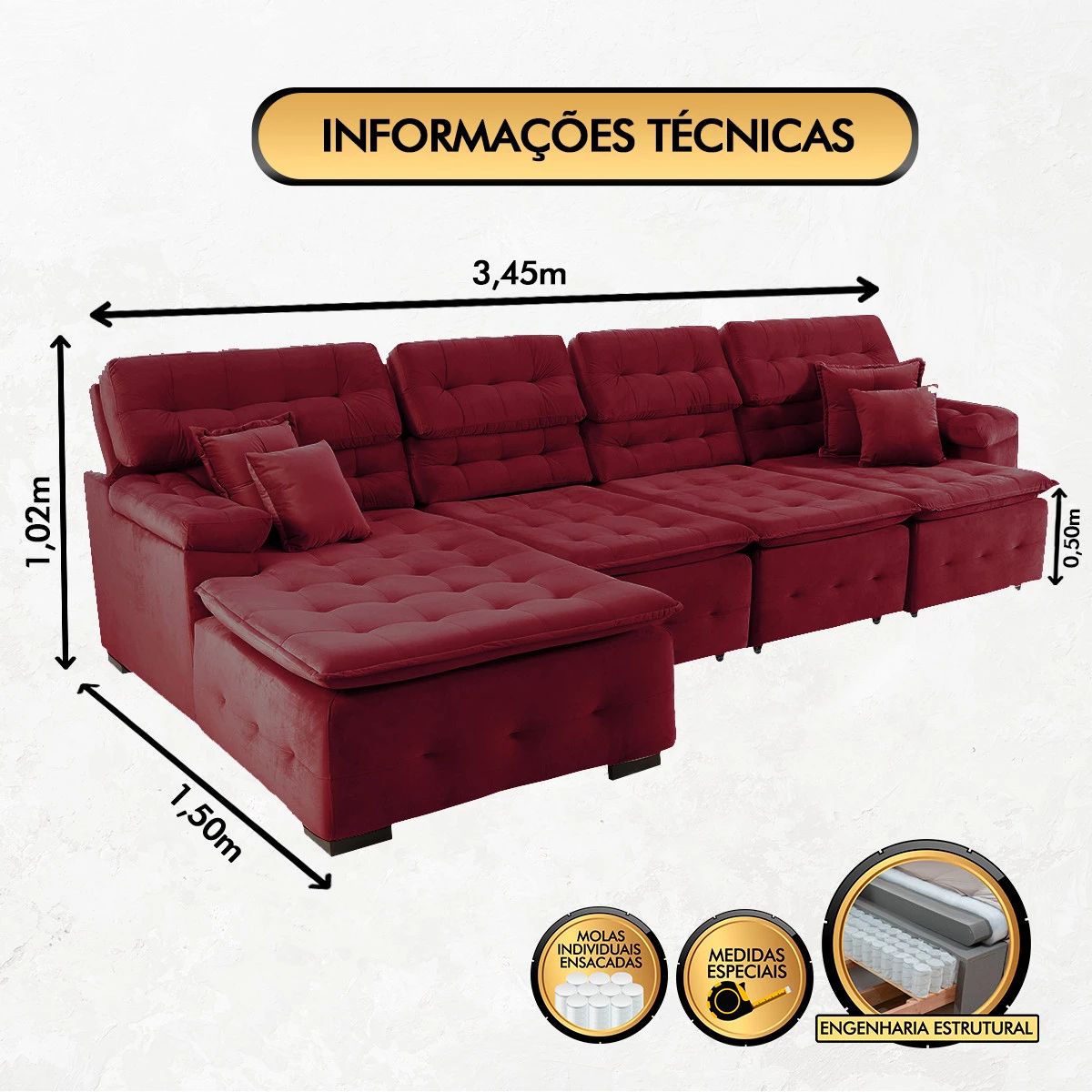 Sofá Orlando 3,45x1,50m com Chaise, Retrátil e Reclinável - Vinho