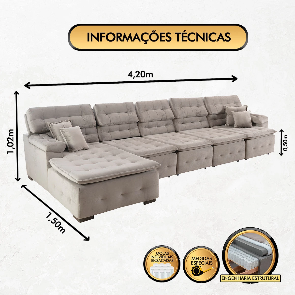Sofá Orlando 4,20x1,50m com Chaise, Retrátil e Reclinável - Avelã