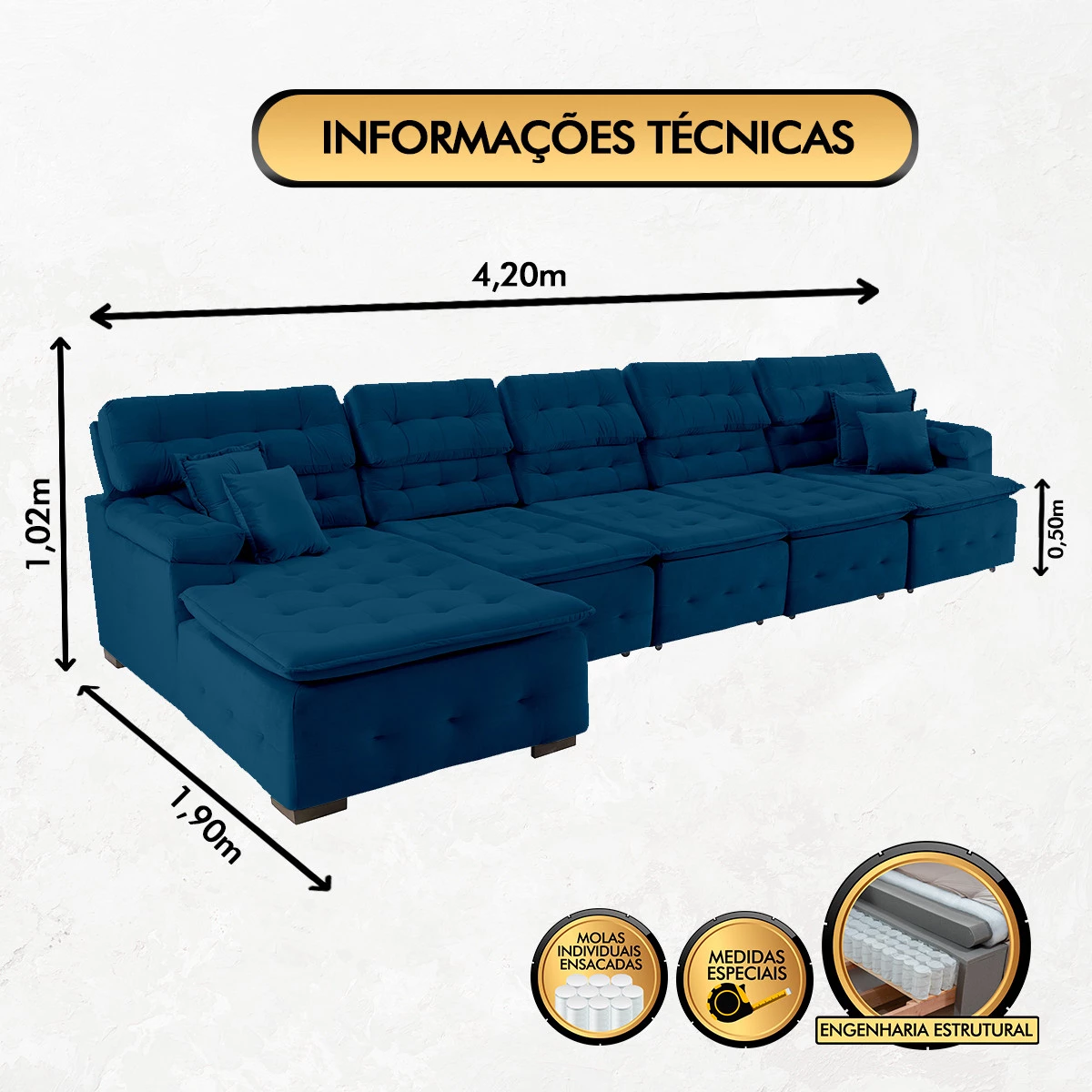 Sofá Orlando 4,20x1,90m com Chaise, Retrátil e Reclinável - Azul