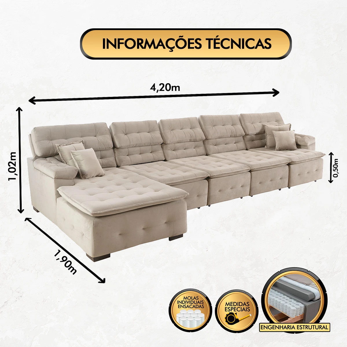 Sofá Orlando 4,20x1,90m com Chaise, Retrátil e Reclinável - Bege