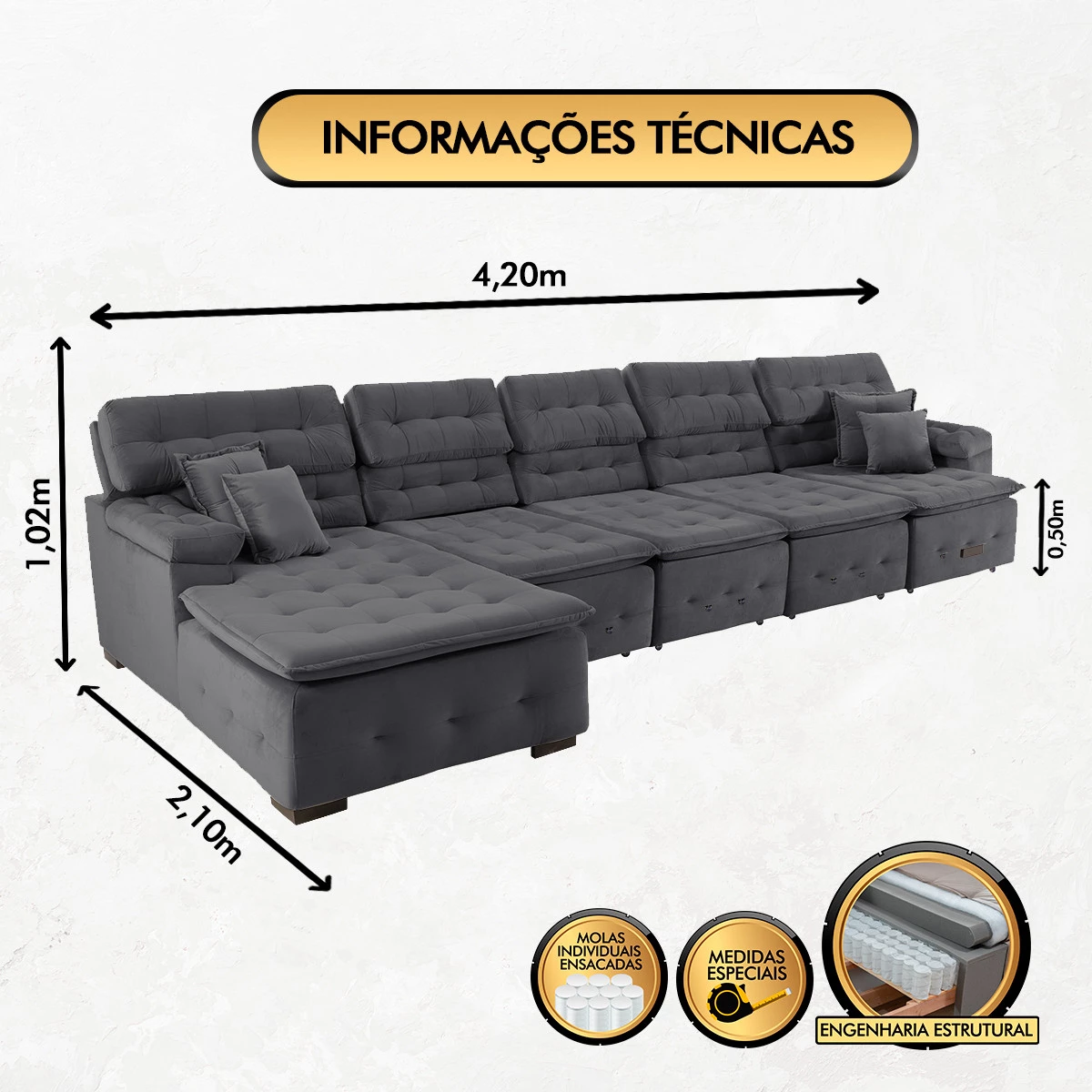 Sofá Orlando 4,20x2,10m com Chaise, Retrátil e Reclinável