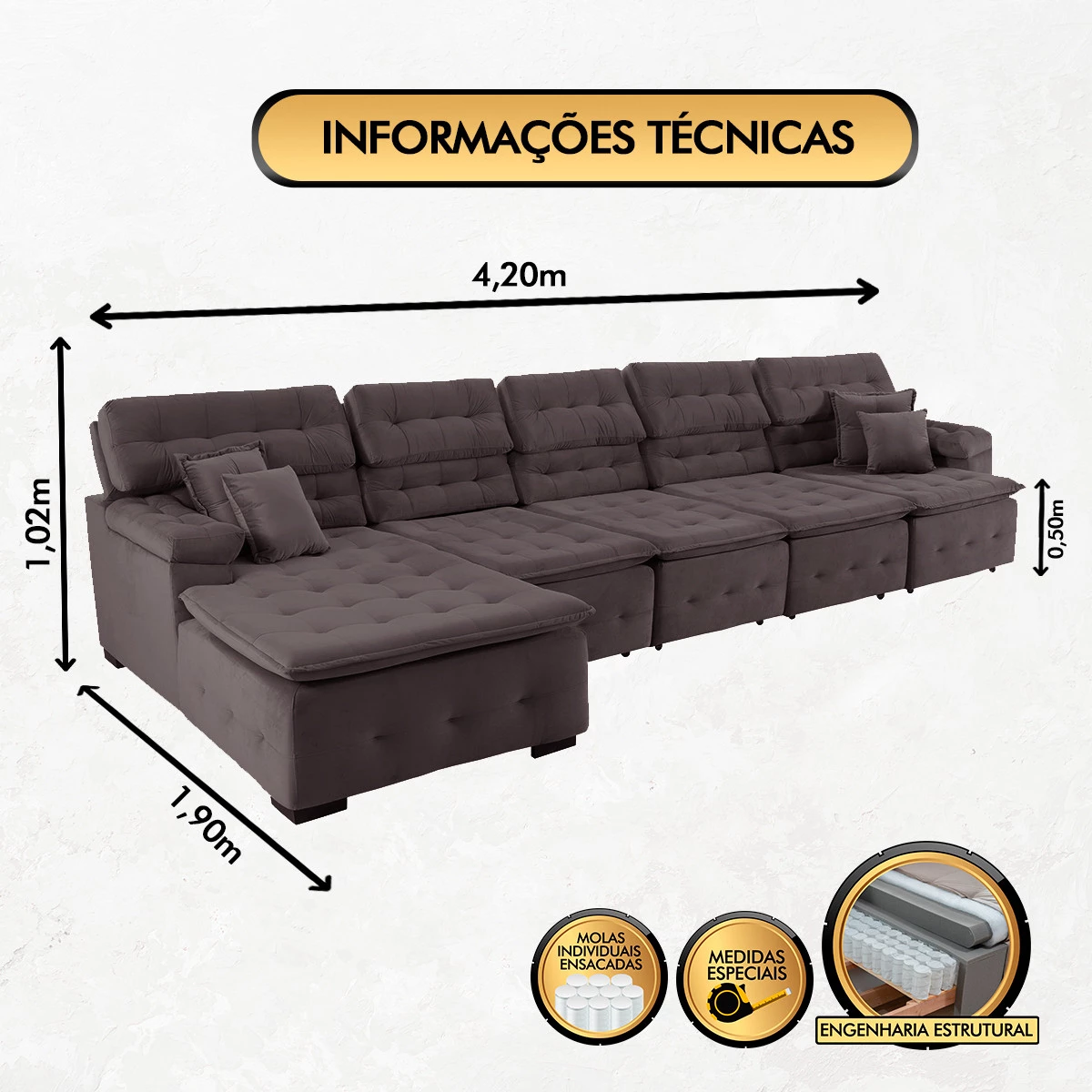 Sofá Orlando 4,20x1,90m com Chaise, Retrátil e Reclinável - Marrom