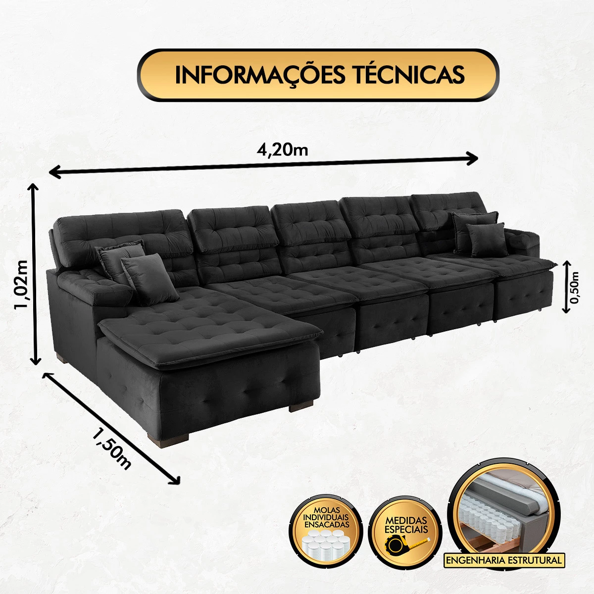 Sofá Orlando 4,20x1,50m com Chaise, Retrátil e Reclinável - Preto