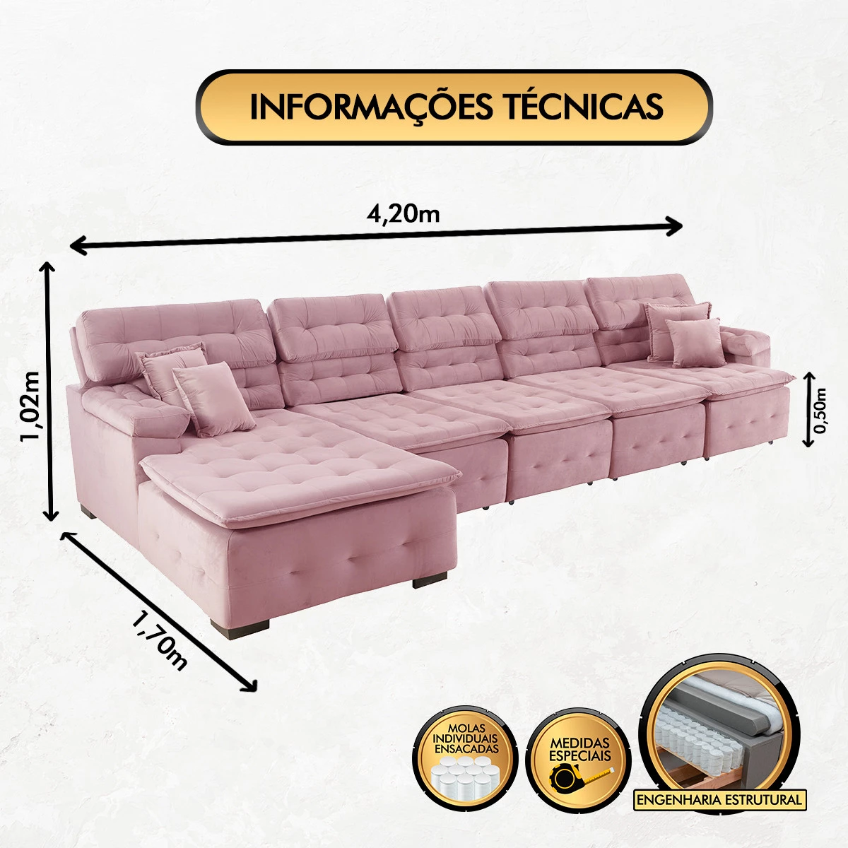 Sofá Orlando 4,20x1,70m com Chaise, Retrátil e Reclinável
