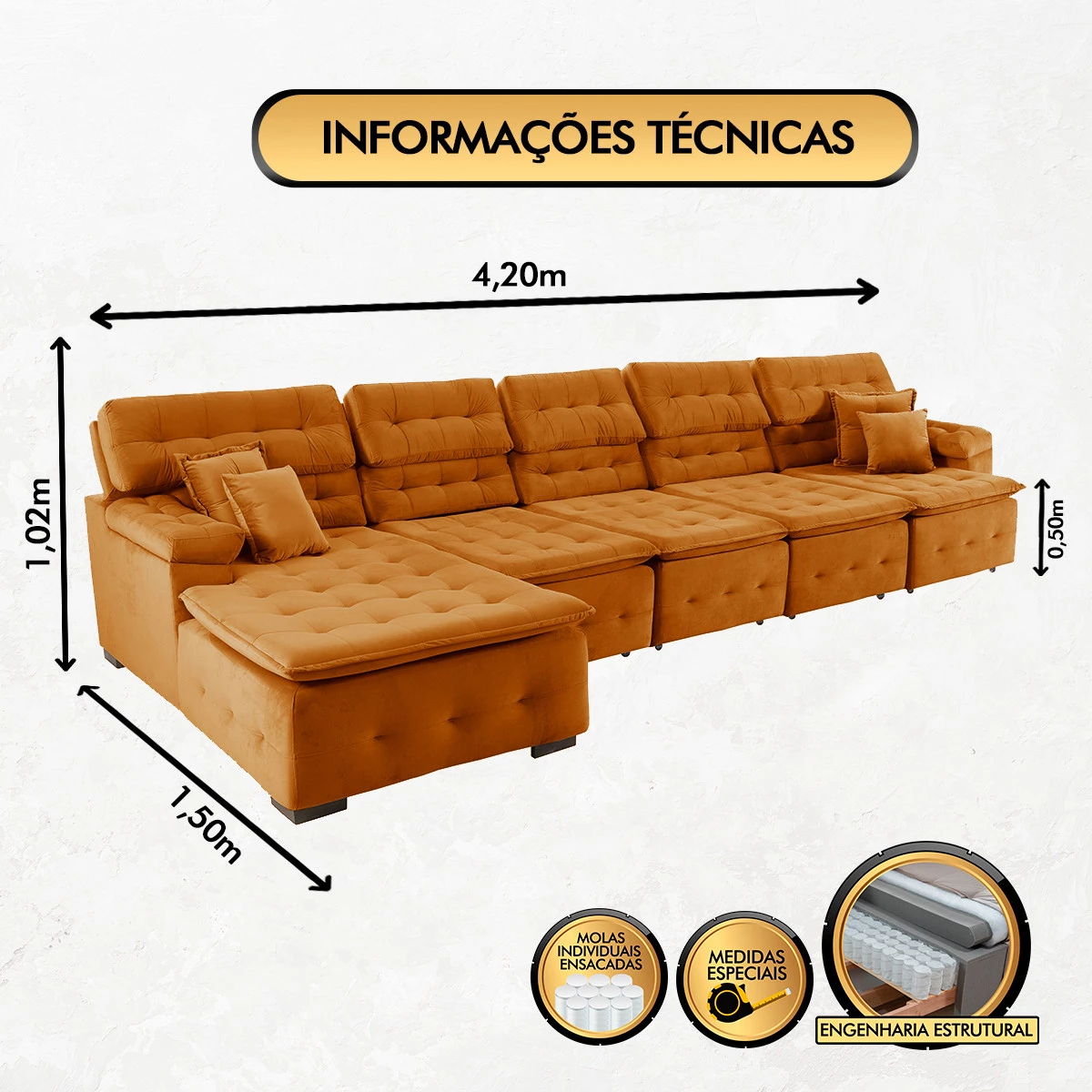 Sofá Orlando 4,20x1,50m com Chaise, Retrátil e Reclinável