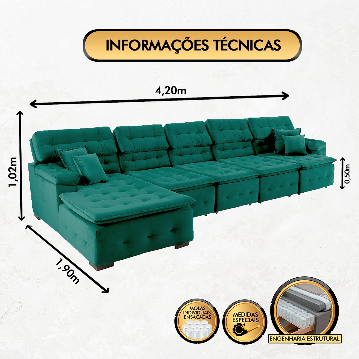 Sofá Orlando 4,20x1,90m com Chaise, Retrátil e Reclinável - Verde