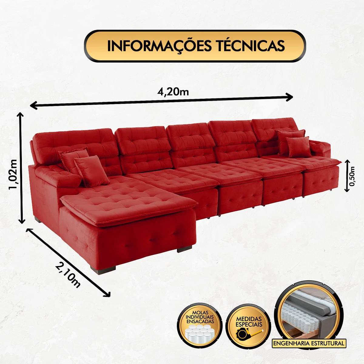 Sofá Orlando 4,20x2,10m com Chaise, Retrátil e Reclinável - Vermelho
