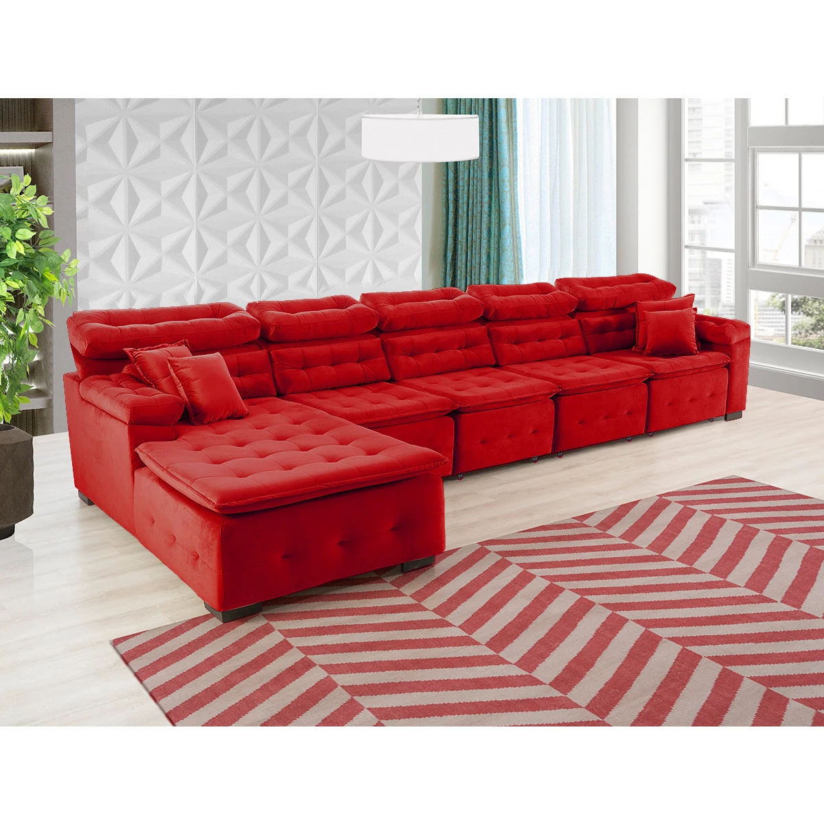 Sofá Orlando 4,20x1,50m com Chaise, Retrátil e Reclinável - Vermelho