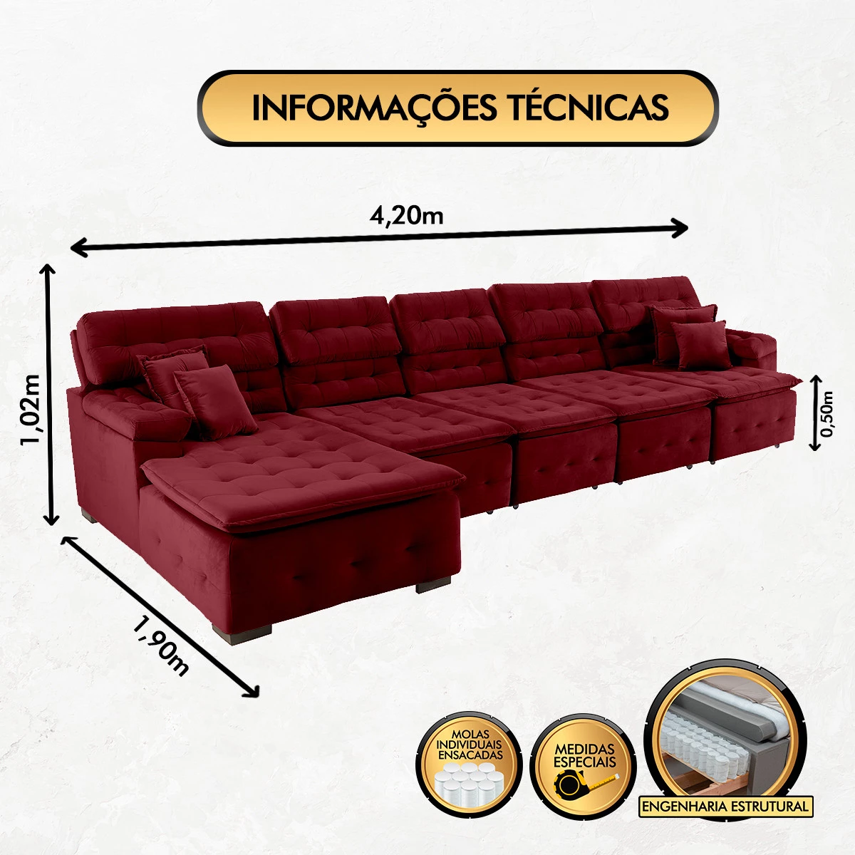 Sofá Orlando 4,20x1,90m com Chaise, Retrátil e Reclinável