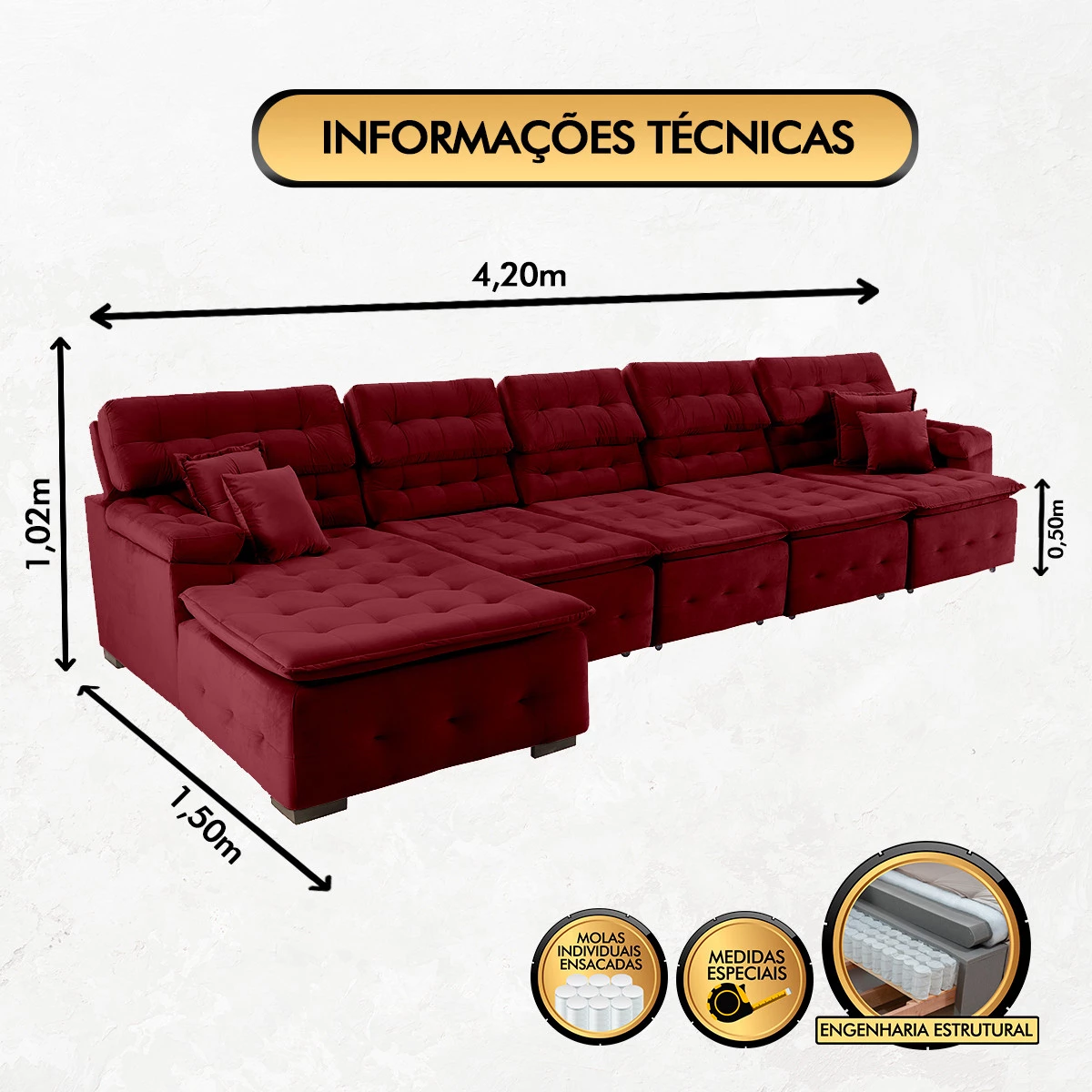 Sofá Orlando 4,20x1,50m com Chaise, Retrátil e Reclinável - Vinho