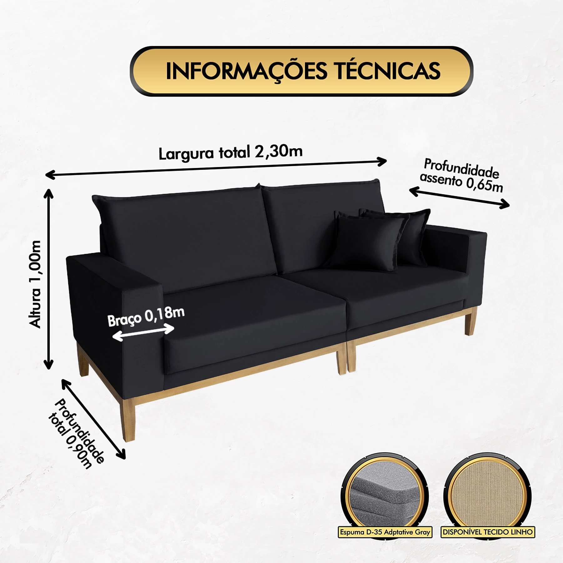 Sofá Ornato Living 2,30m - Preto