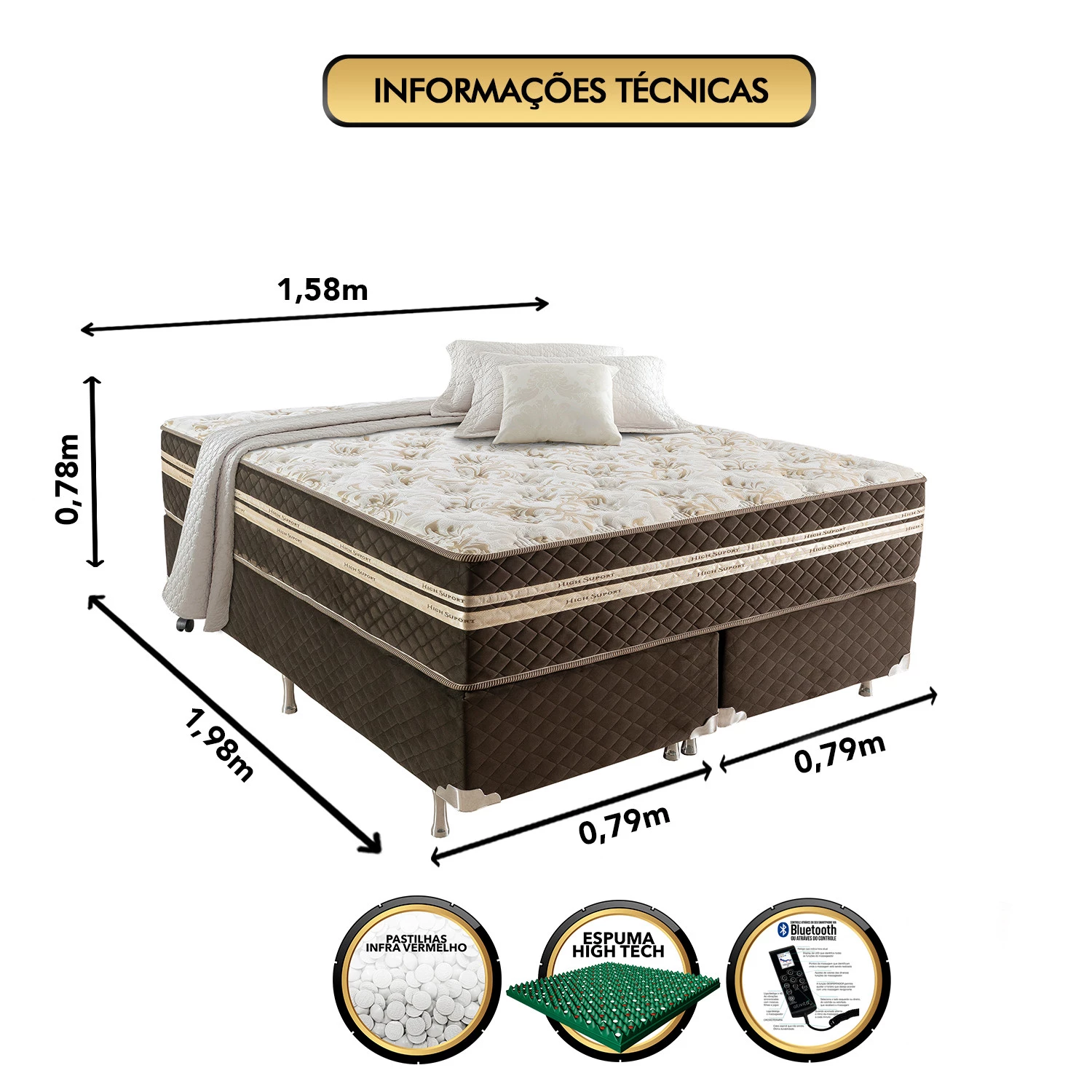 Conjunto Box Ortorelax com Molas, Vibro Massagem e Magnético 1,58x1,98m Queen