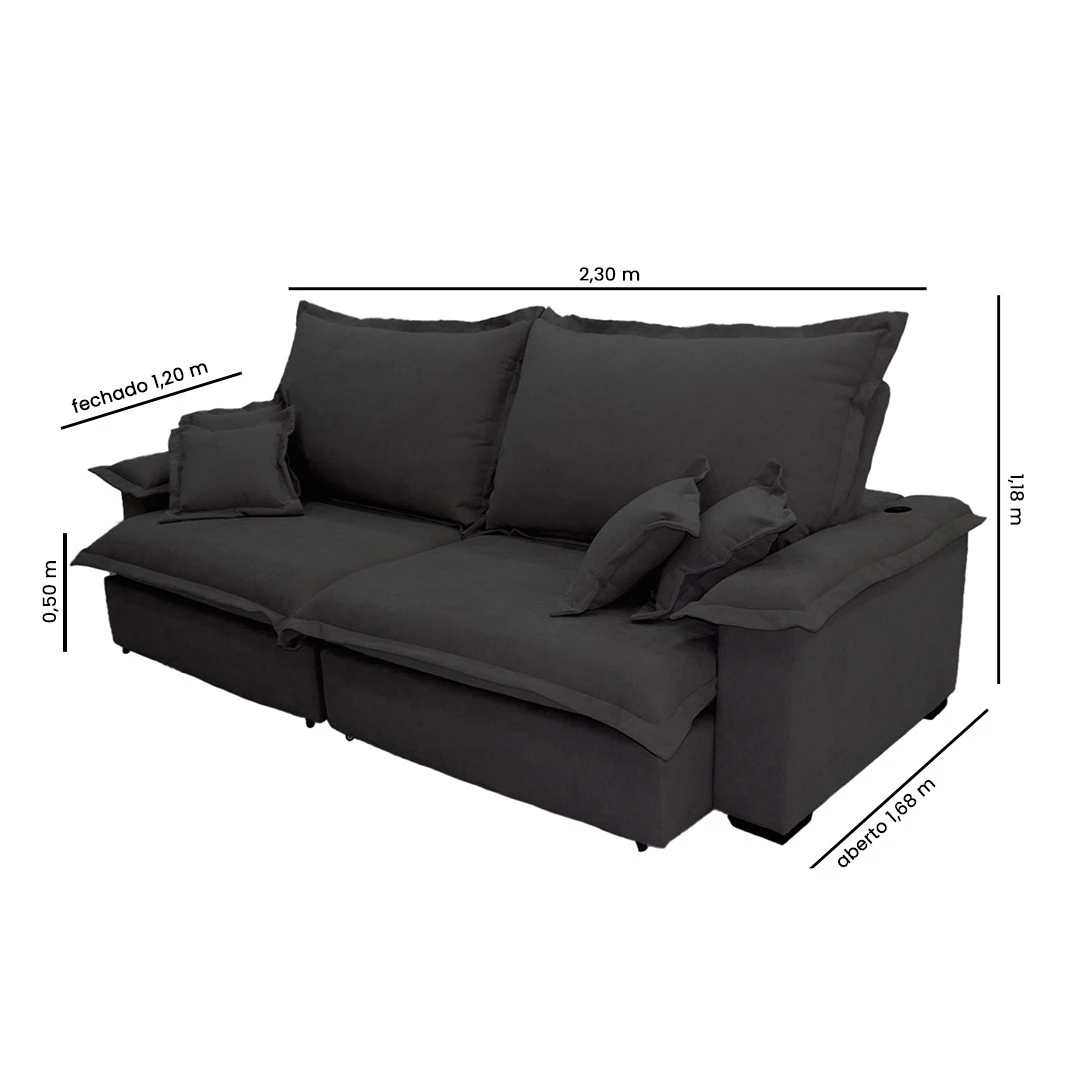 Sofá Paris 2,30m Retrátil e Reclinável Super Pillow  -preto