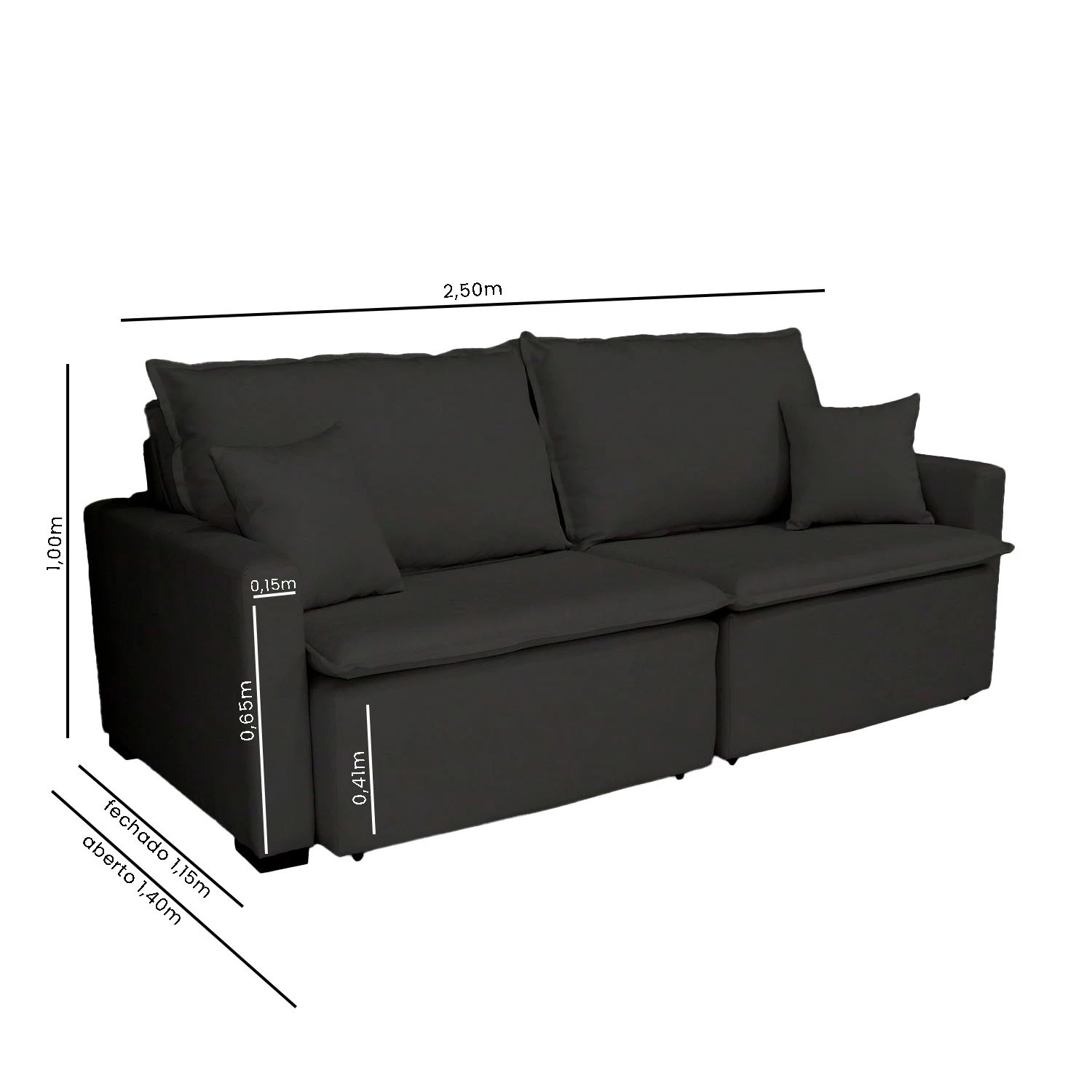 Sofá Cama Tóquio Com Almofadas Soltas 2,50m-preto