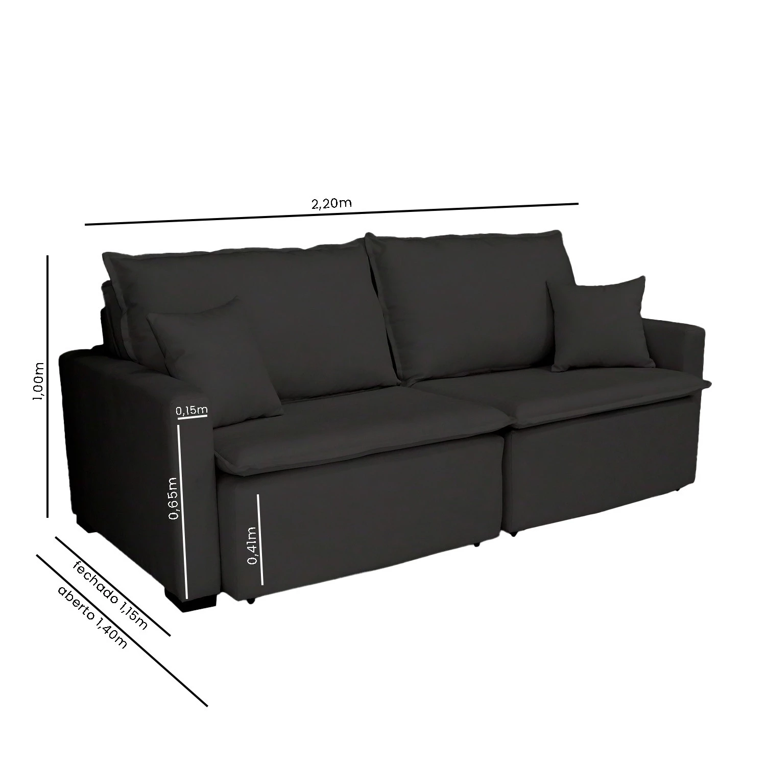 Sofá Cama Tóquio Com Almofadas Soltas 2,20m-preto