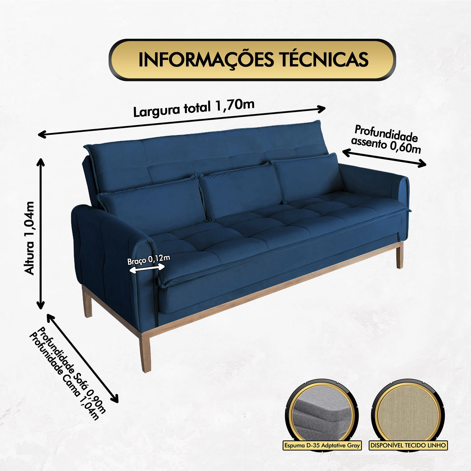 Sofá Cama Rivieira 1,70m - Azul