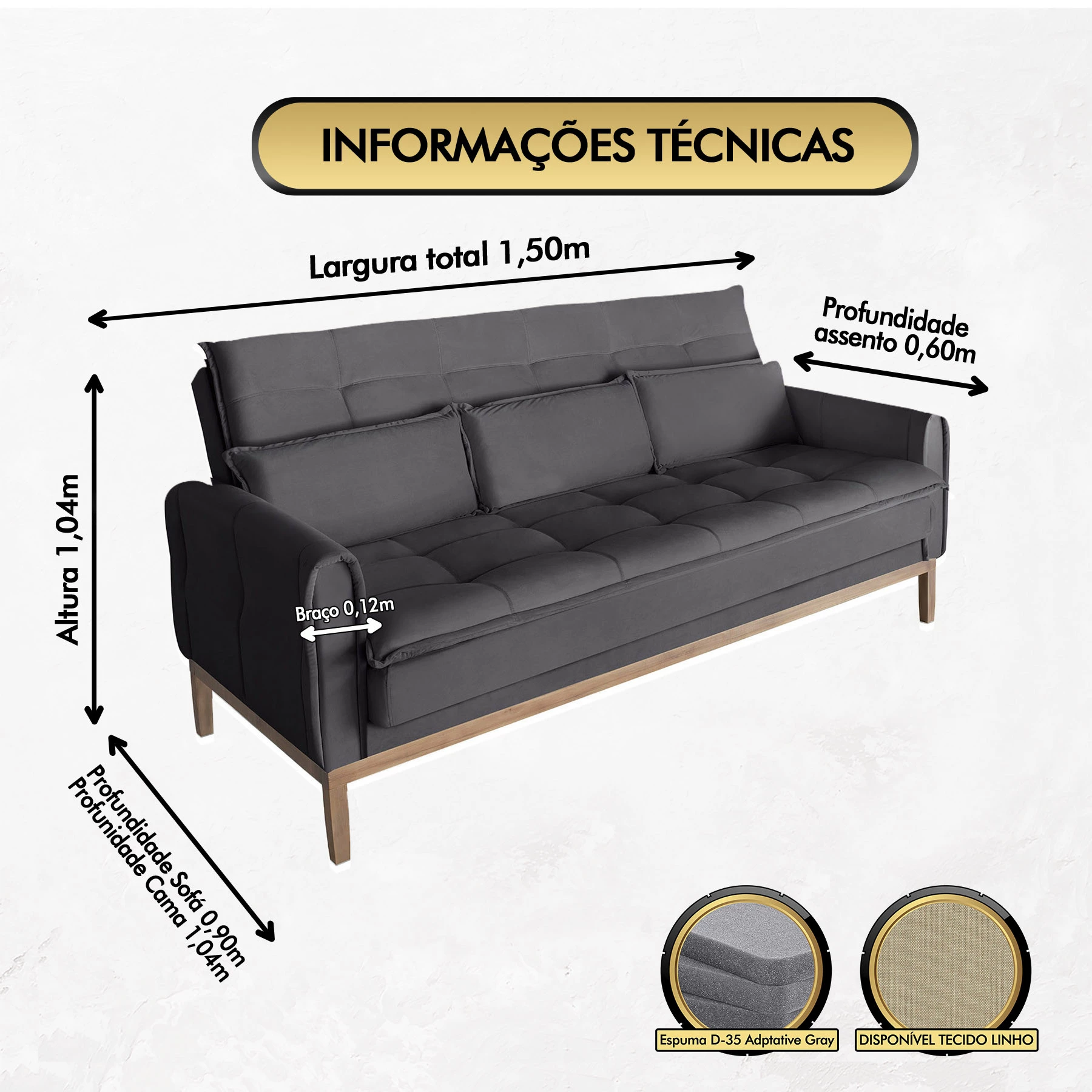 Sofá Cama Rivieira 1,50m - Chumbo