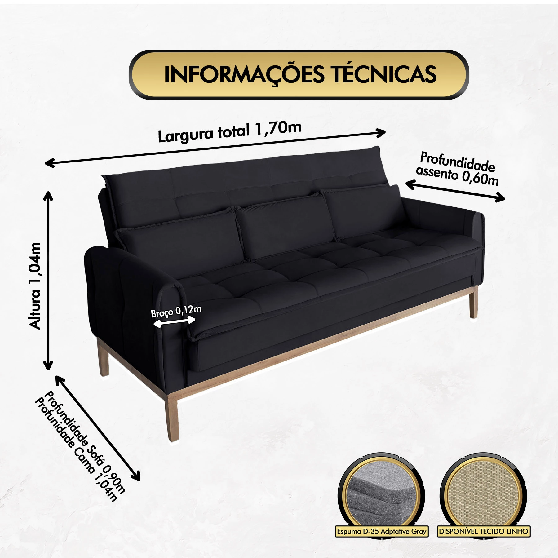 Sofá Cama Rivieira 1,70m - Preto