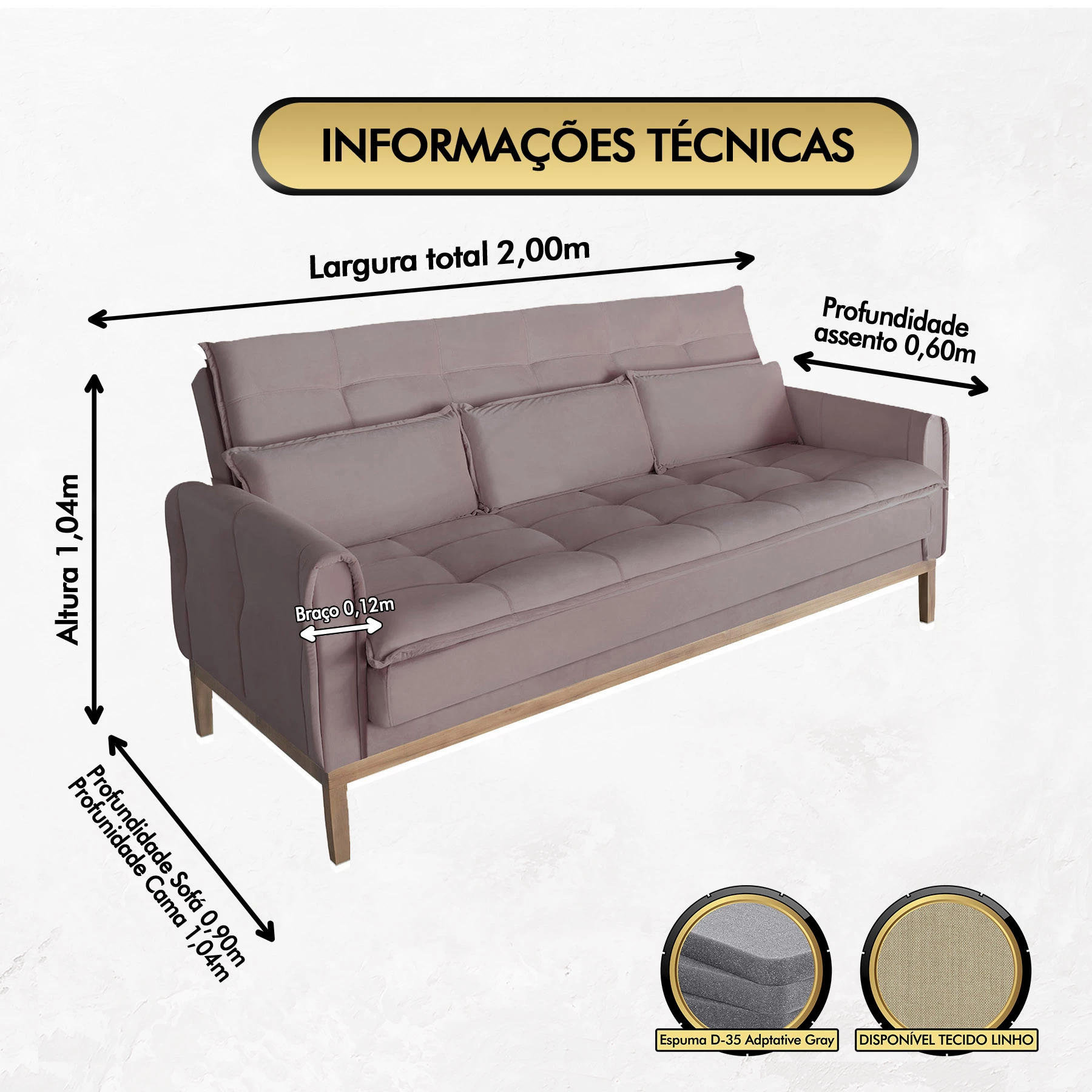 Sofá Cama Rivieira 2,00m - Rosê
