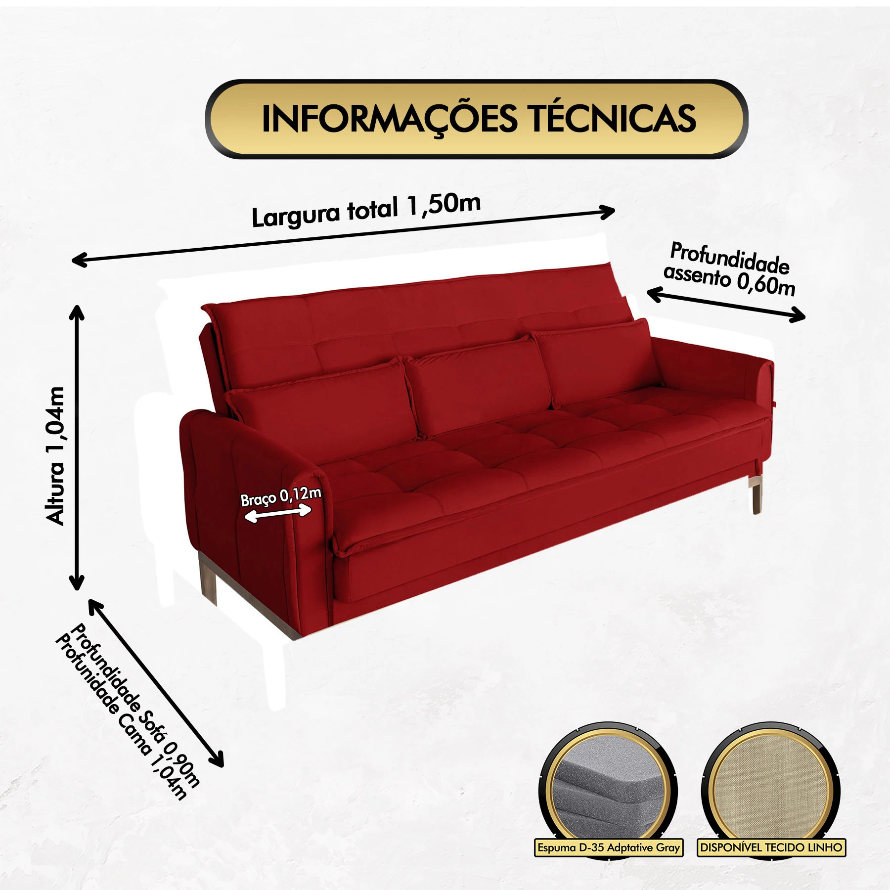 Sofá Cama Rivieira 1,50m - Vermelho