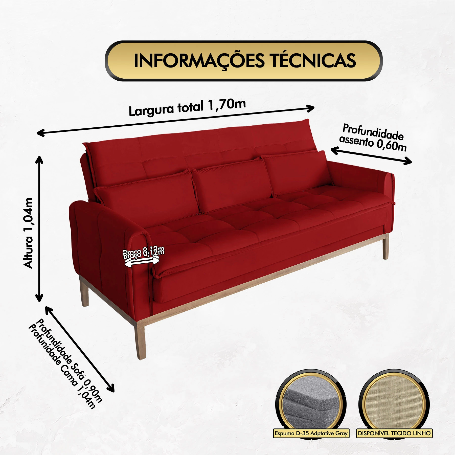 Sofá Cama Rivieira 1,70m - Vermelho