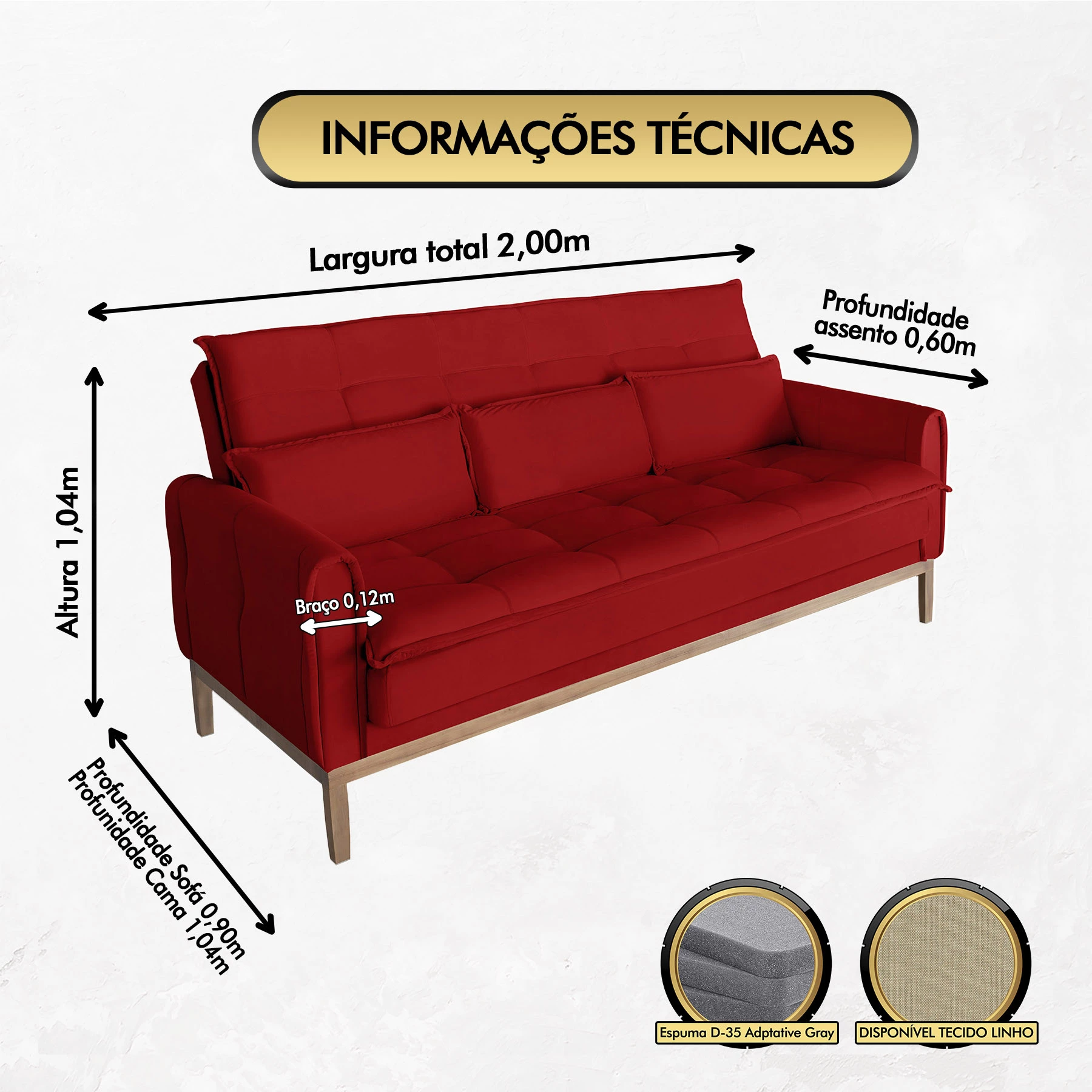 Sofá Cama Rivieira 2,00m - Vermelho