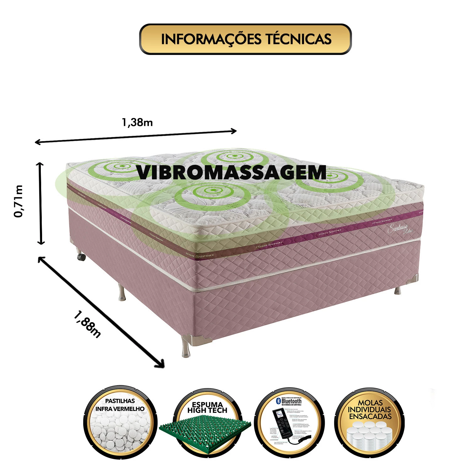Conjunto Box Sintuoso com Molas, Vibro Massagem e Magnético 1,38x1,88m Casal