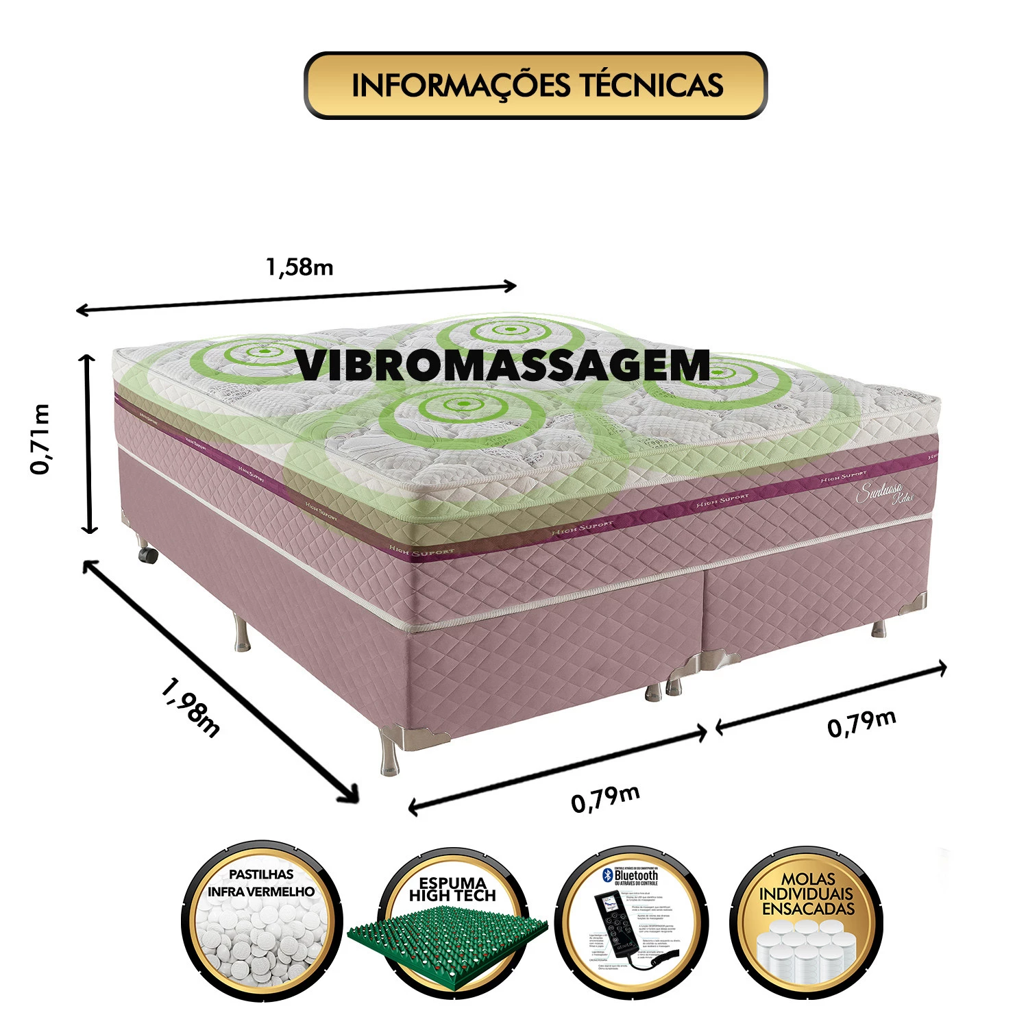 Conjunto Box Sintuoso com Molas, Vibro Massagem e Magnético 1,58x1,98m Queen