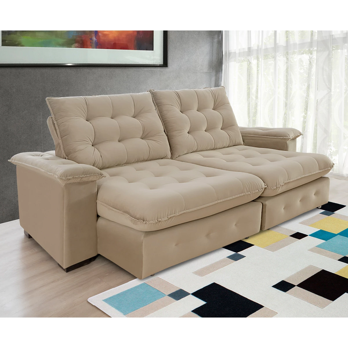 Sofá Coliseu 2,30m Retrátil e Reclinável Super Pillow - Bege