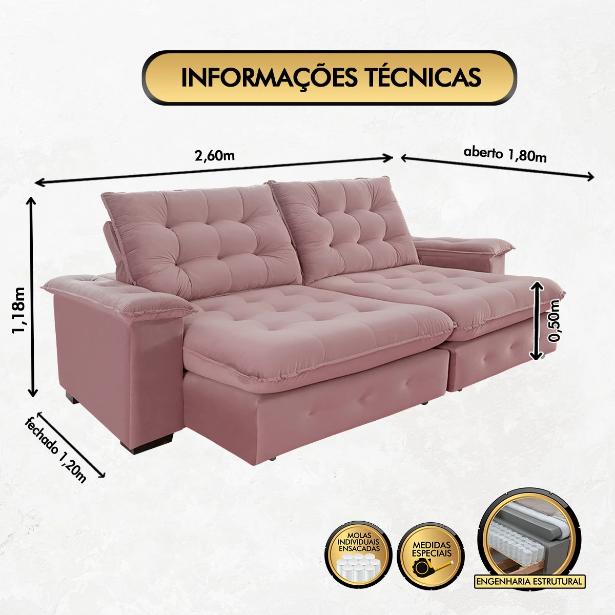 Sofá Coliseu 2,60m Retrátil e Reclinável Super Pillow - Rosê