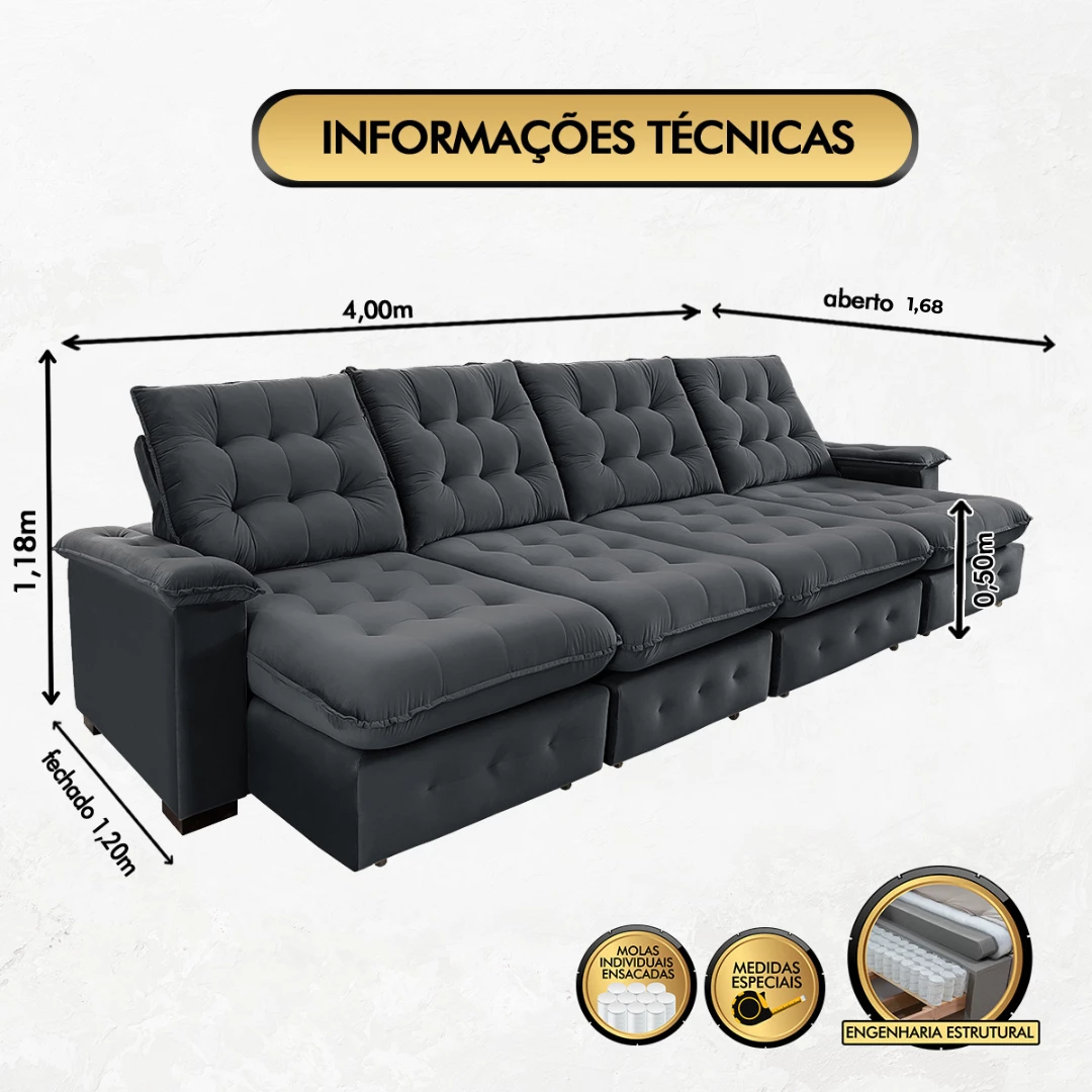 Sofá Coliseu 4,00m Retrátil e Reclinável Super Pillow - Chumbo