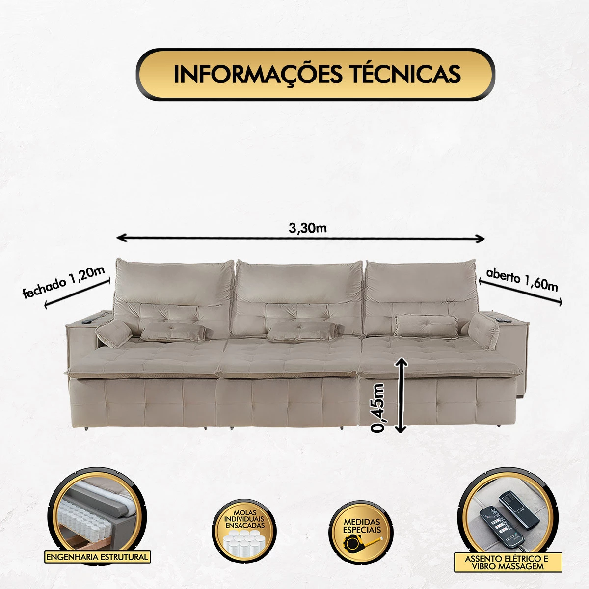 Sofá Fusion 3,30m Elétrico com USB e Vibro Massagem - Avelã