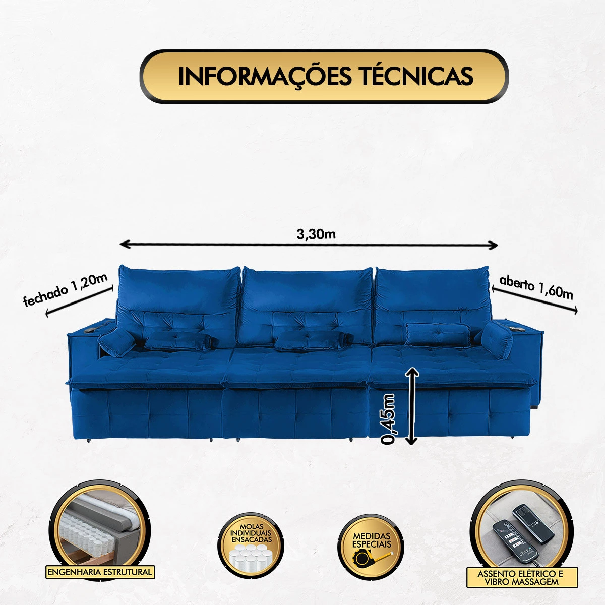 Sofá Fusion 3,30m Elétrico com USB e Vibro Massagem - Azul