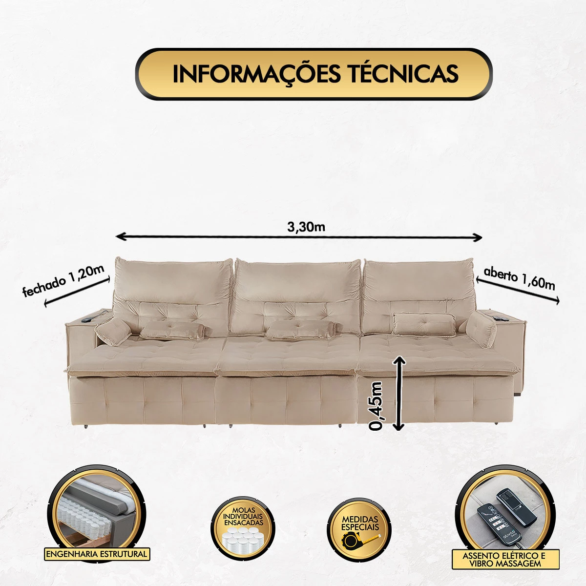 Sofá Fusion 3,30m Elétrico com USB e Vibro Massagem - Bege