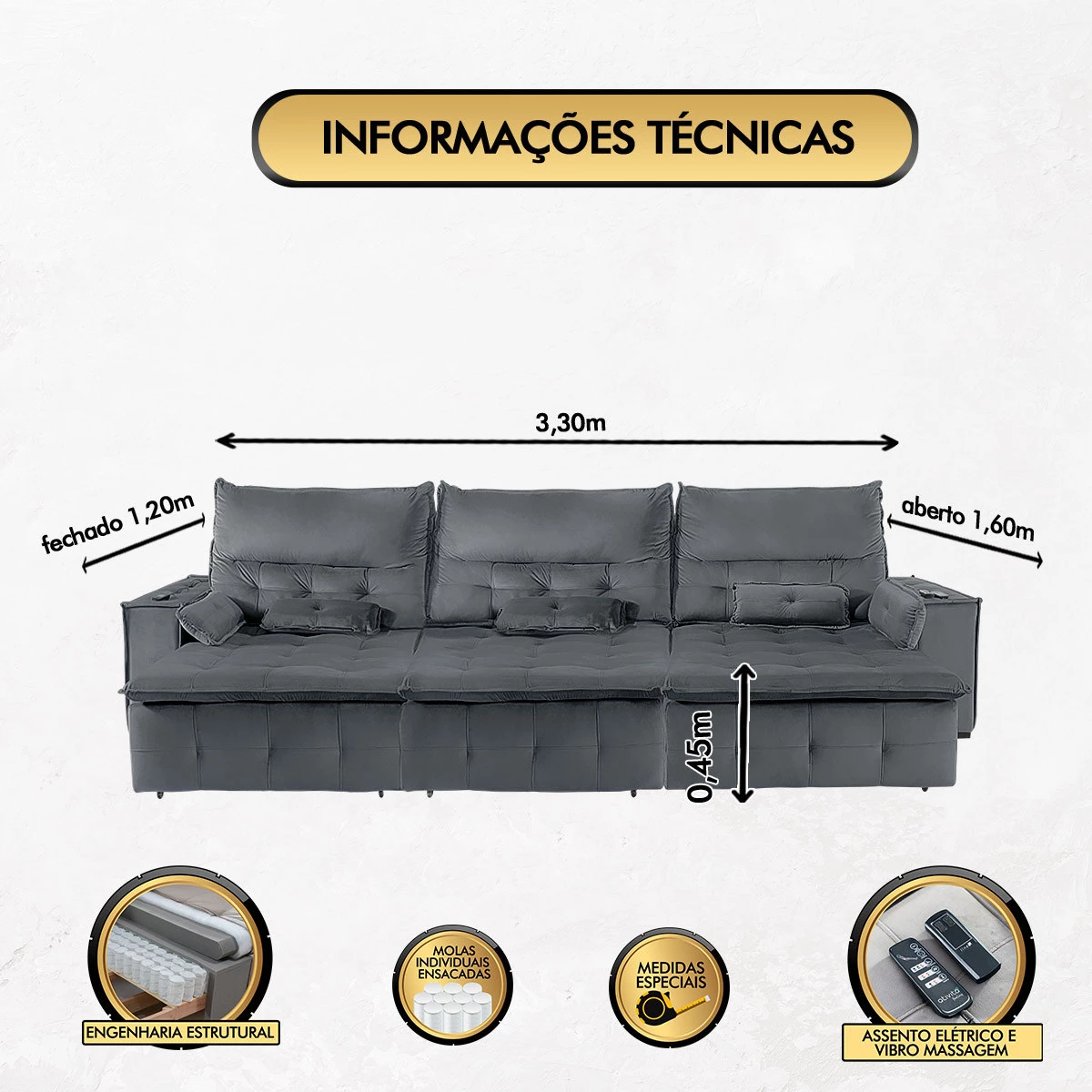 Sofá Fusion 3,30m Elétrico com USB e Vibro Massagem - Chumbo