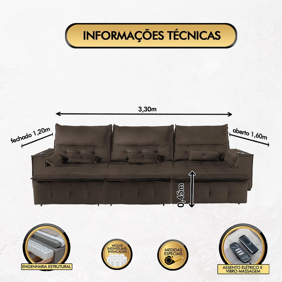 Sofá Fusion 3,30m Elétrico com USB e Vibro Massagem - Marrom