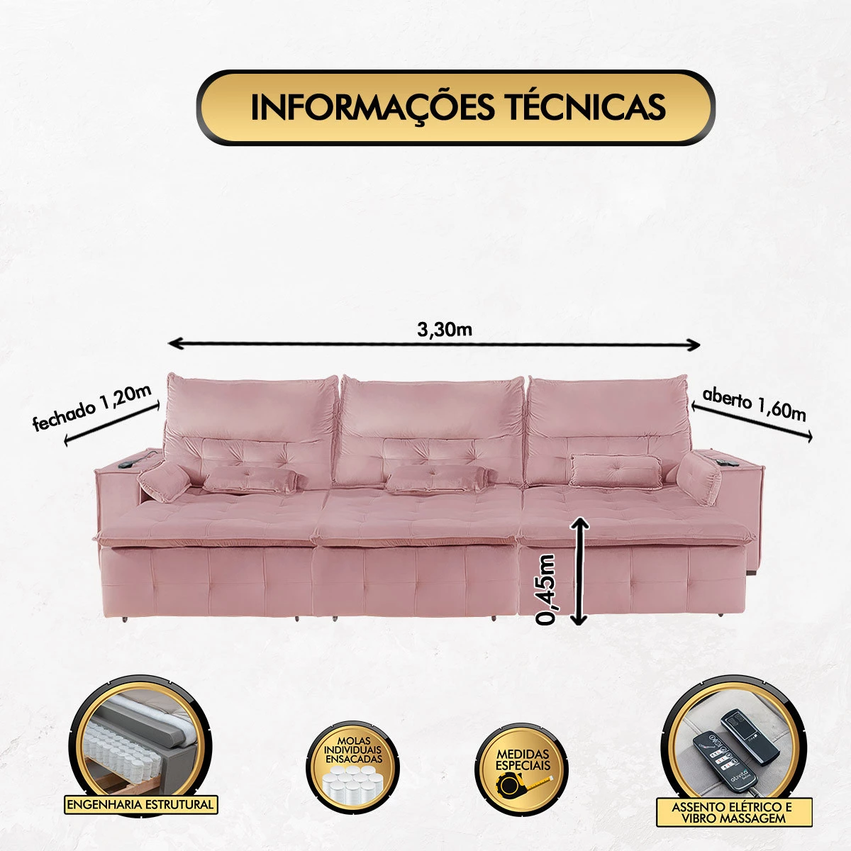 Sofá Fusion 3,30m Elétrico com USB e Vibro Massagem