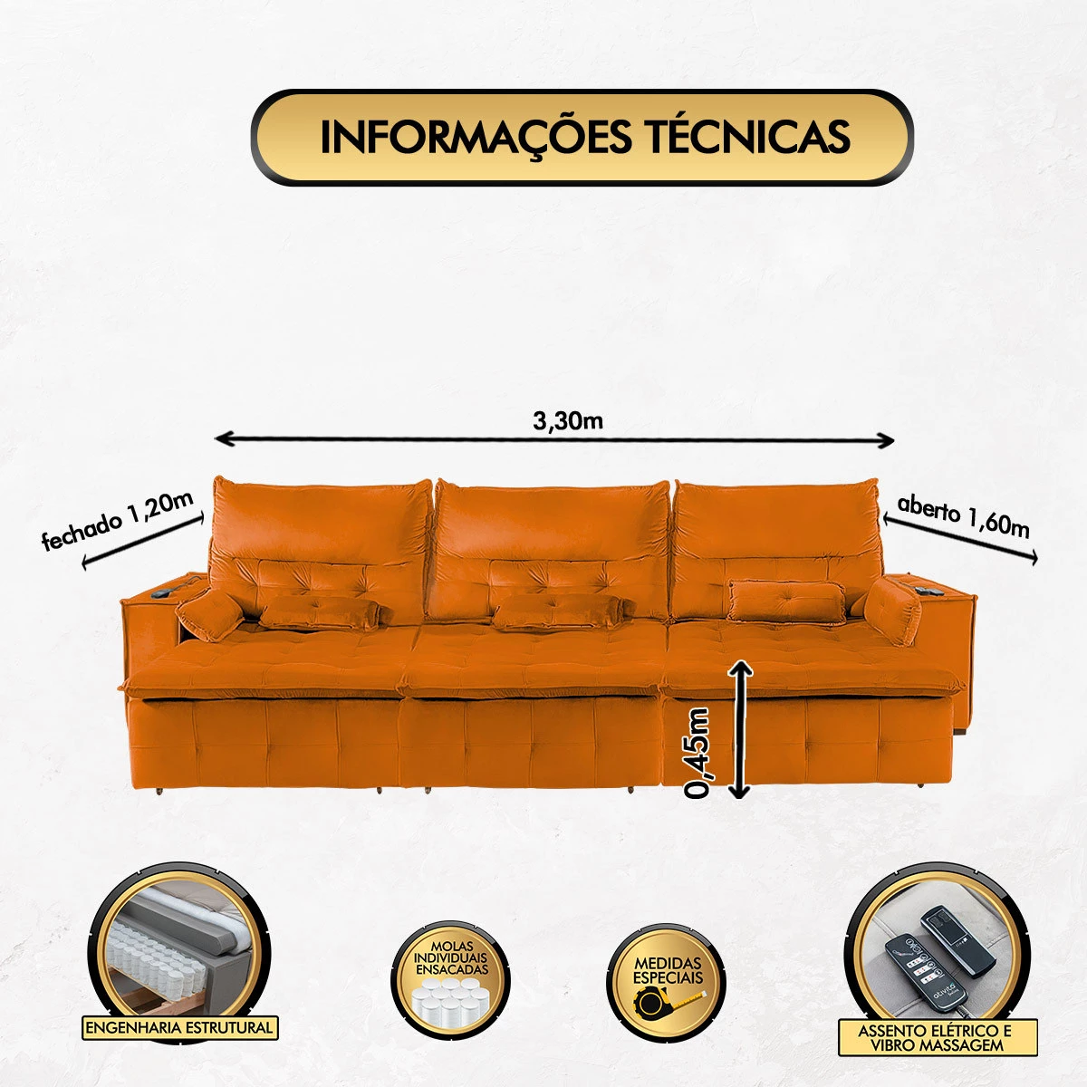 Sofá Fusion 3,30m Elétrico com USB e Vibro Massagem - Terra