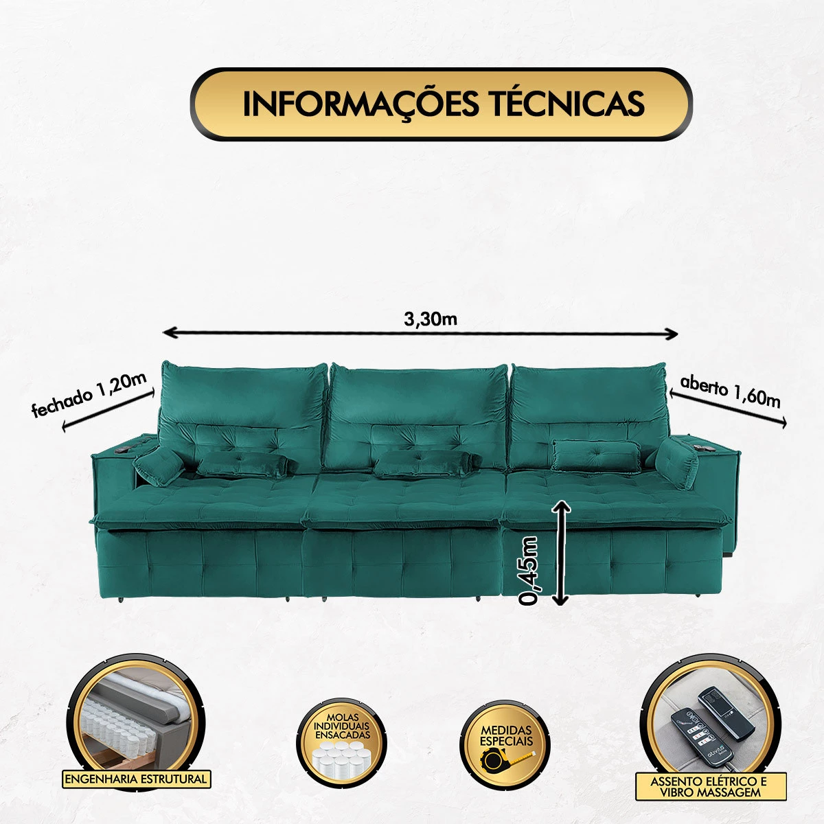 Sofá Fusion 3,30m Elétrico com USB e Vibro Massagem - Verde